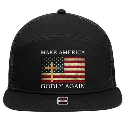 Make America Godly Again American Flag Cross Jesus 7 Panel Mesh Trucker Snapback Hat