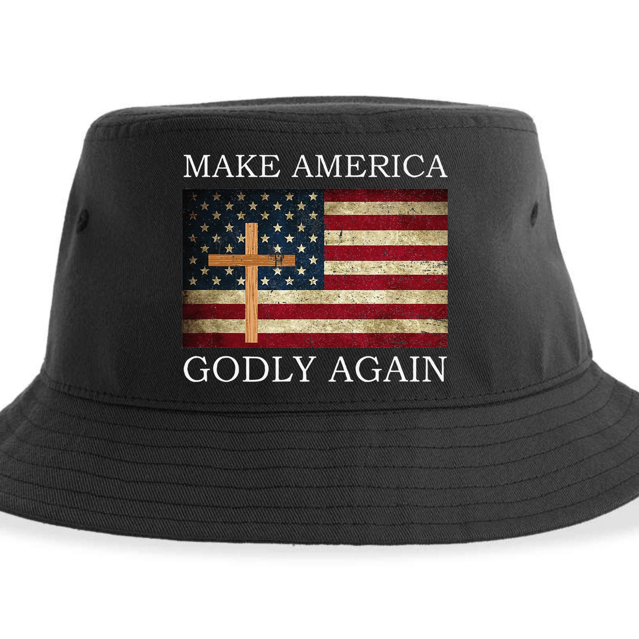 Make America Godly Again American Flag Cross Jesus Sustainable Bucket Hat