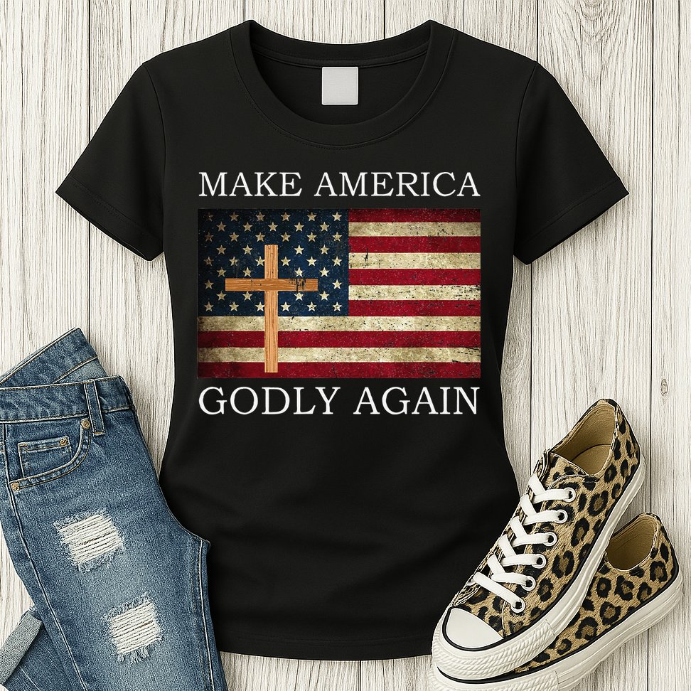 Make America Godly Again American Flag Cross Jesus Womens T-Shirt