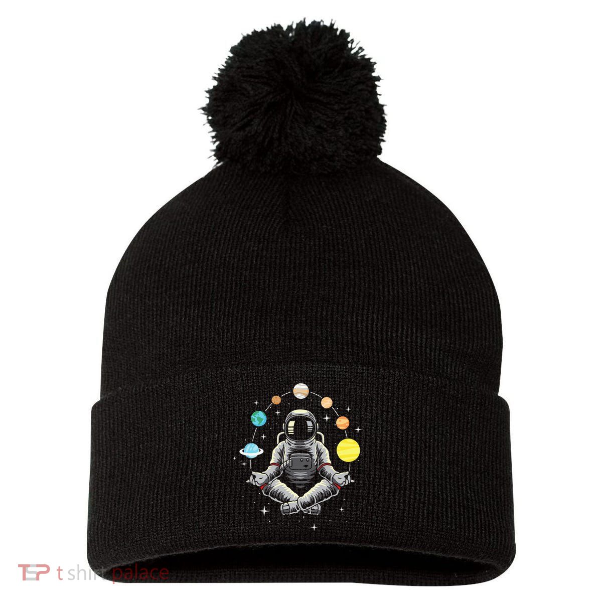 Meditating Astronaut Galaxy Spaceman Astronomer Cosmos Pom Pom 12in Knit Beanie