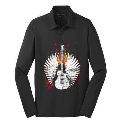 Music And Guitar Guitar Gift Black Small Silk Touch Performance Long Sleeve Polo