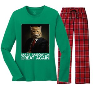 Make Ameowica Great Again Funny Donald Trump Cat Meme Women's Long Sleeve Flannel Pajama Set 