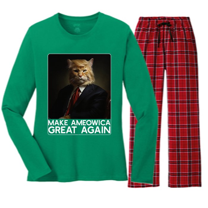 Make Ameowica Great Again Funny Donald Trump Cat Meme Women's Long Sleeve Flannel Pajama Set 