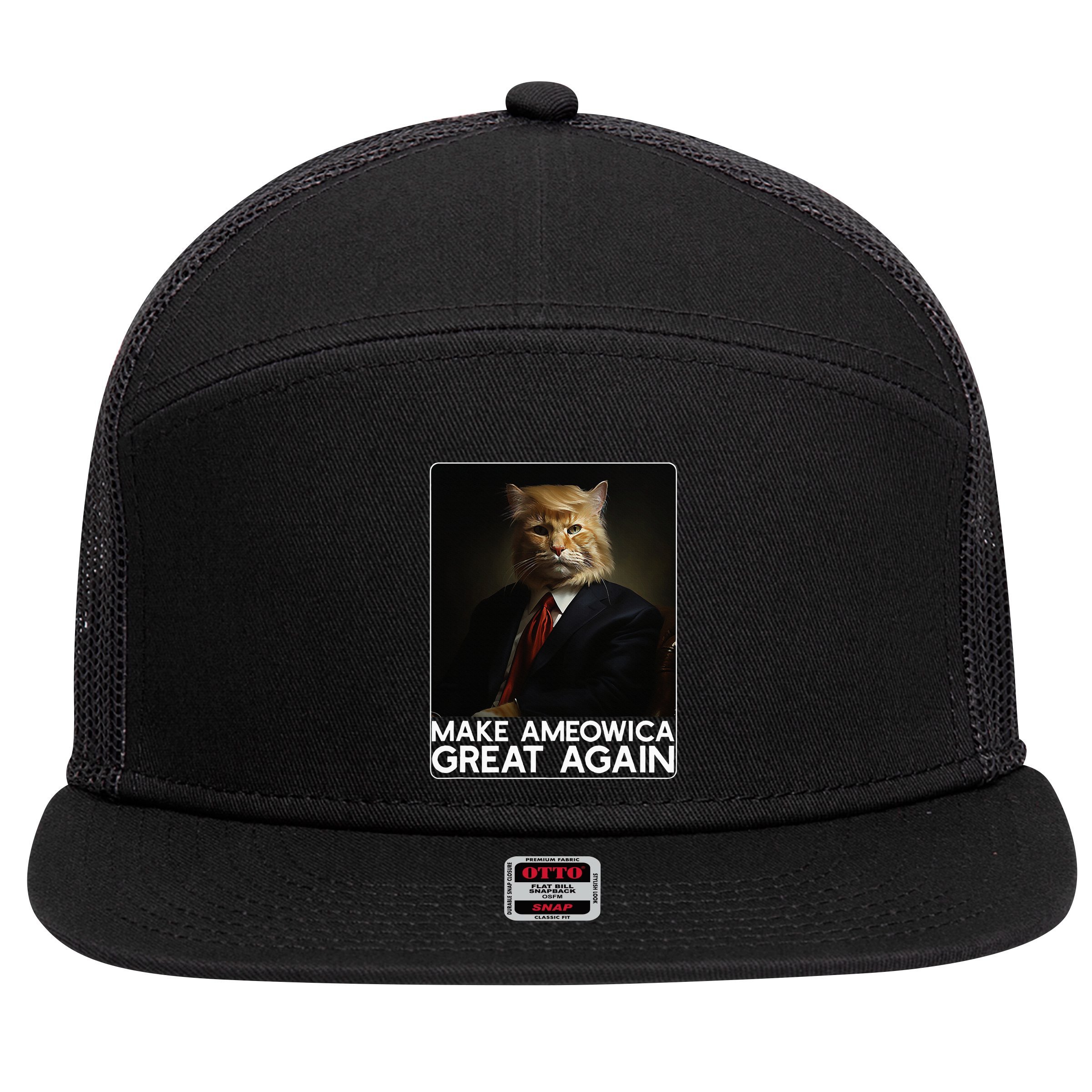 Make Ameowica Great Again Funny Donald Trump Cat Meme 7 Panel Mesh Trucker Snapback Hat