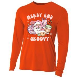 Merry And Groovy Funny Pink Santa Smile Face Retro Christmas Funny Gift Cooling Performance Long Sleeve Crew