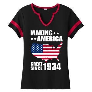 Making America Great Since 1934 Birthday Ladies Halftime Notch Neck Tee