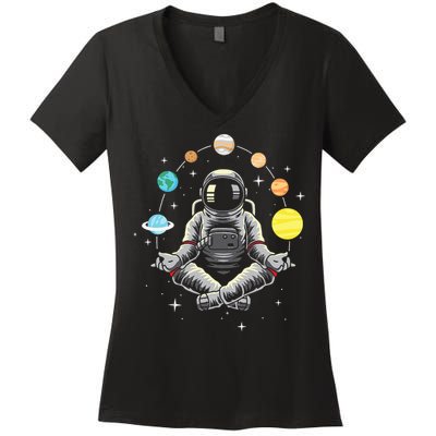 Meditating Astronaut - Galaxy Spaceman Astronomer Cosmos Women's V-Neck T-Shirt