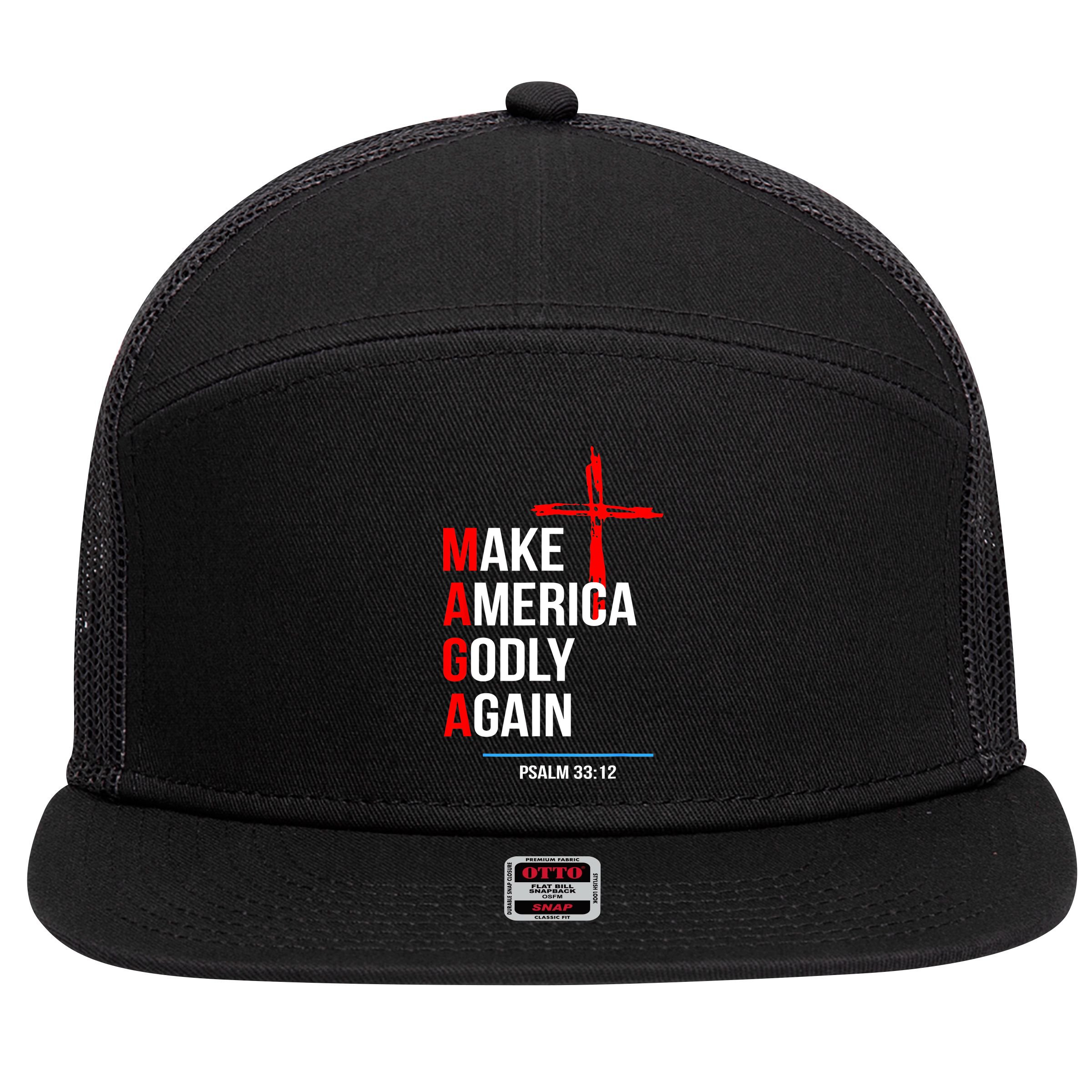 Make America Godly Again Psalm 33 12 7 Panel Mesh Trucker Snapback Hat