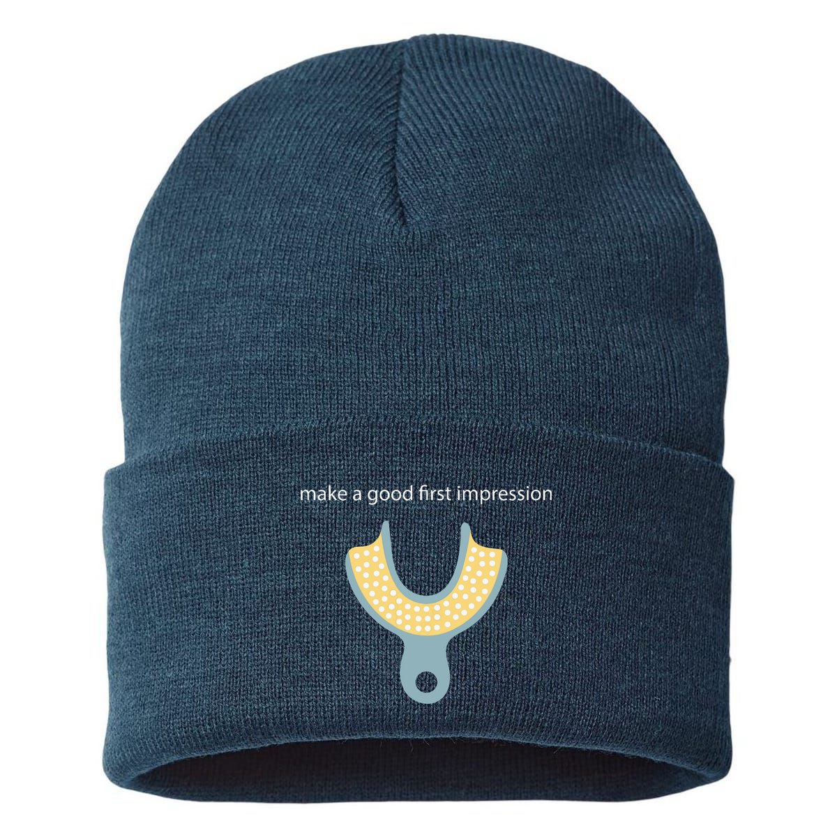 Make A Good First Dental Impression Funny Dentist Sustainable Knit Beanie