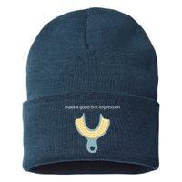 Make A Good First Dental Impression Funny Dentist Sustainable Knit Beanie