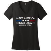 Make America Giggle Again Funny Giggling President Harris Women's V-Neck T-Shirt