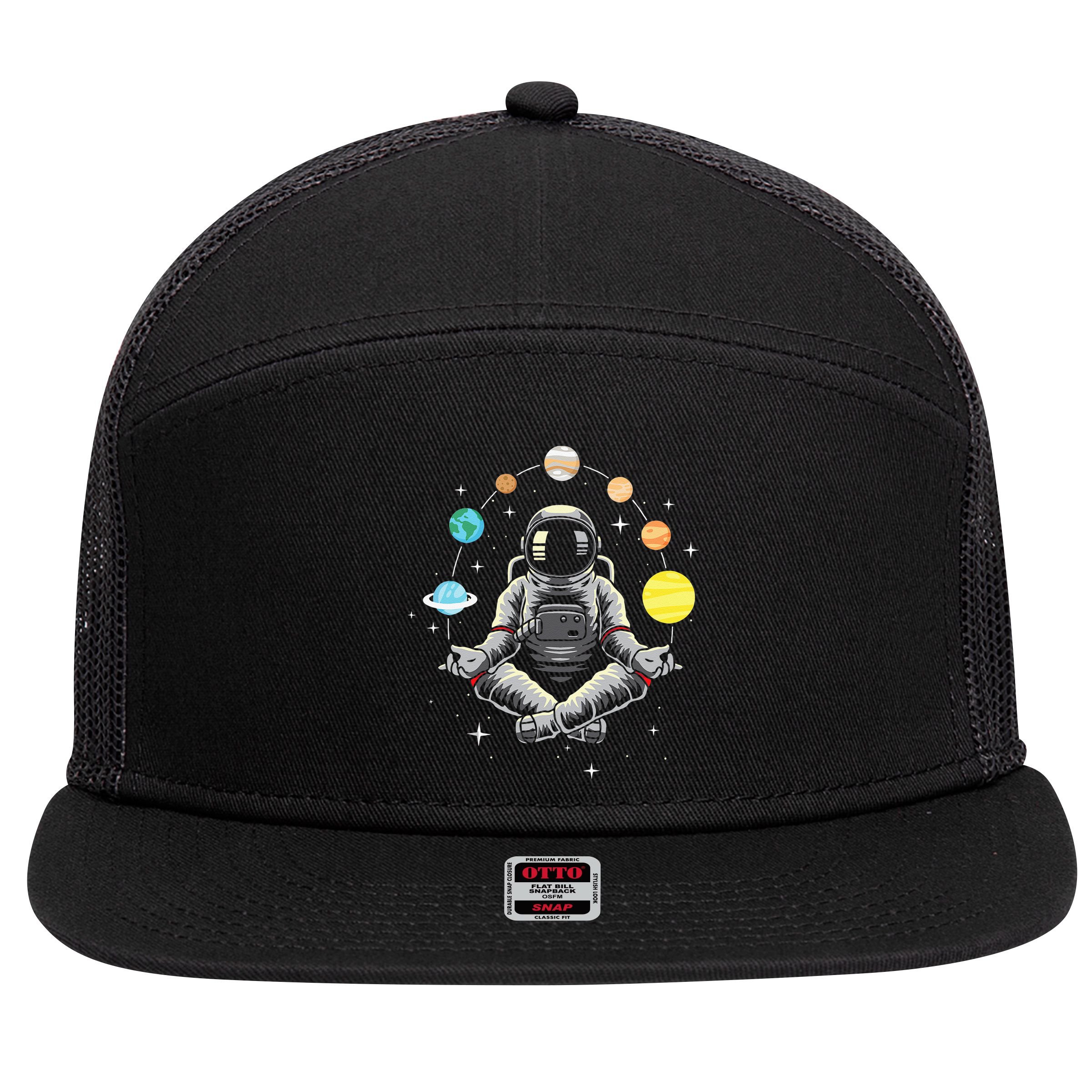 Meditating Astronaut Galaxy Spaceman Astronomer Cosmos 7 Panel Mesh Trucker Snapback Hat