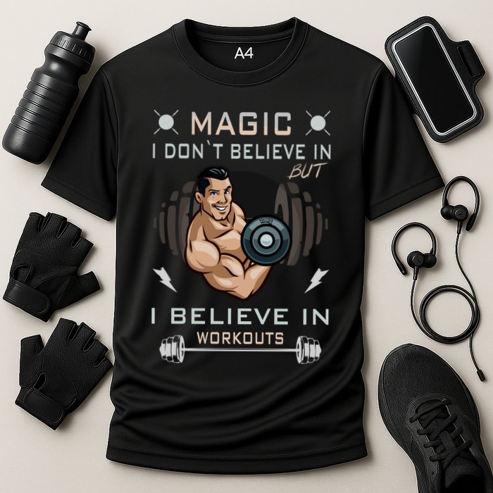 Magic I Don't Believe In But I Believe In Workouts Funny Gym Performance Shirt