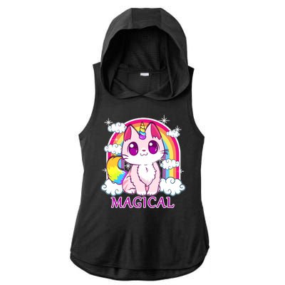 Magical Rainbow Unicorn Kitty Ladies PosiCharge Tri-Blend Wicking Draft Hoodie Tank