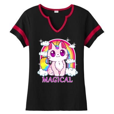 Magical Rainbow Unicorn Kitty Ladies Halftime Notch Neck Tee