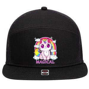 Magical Rainbow Unicorn Kitty 7 Panel Mesh Trucker Snapback Hat