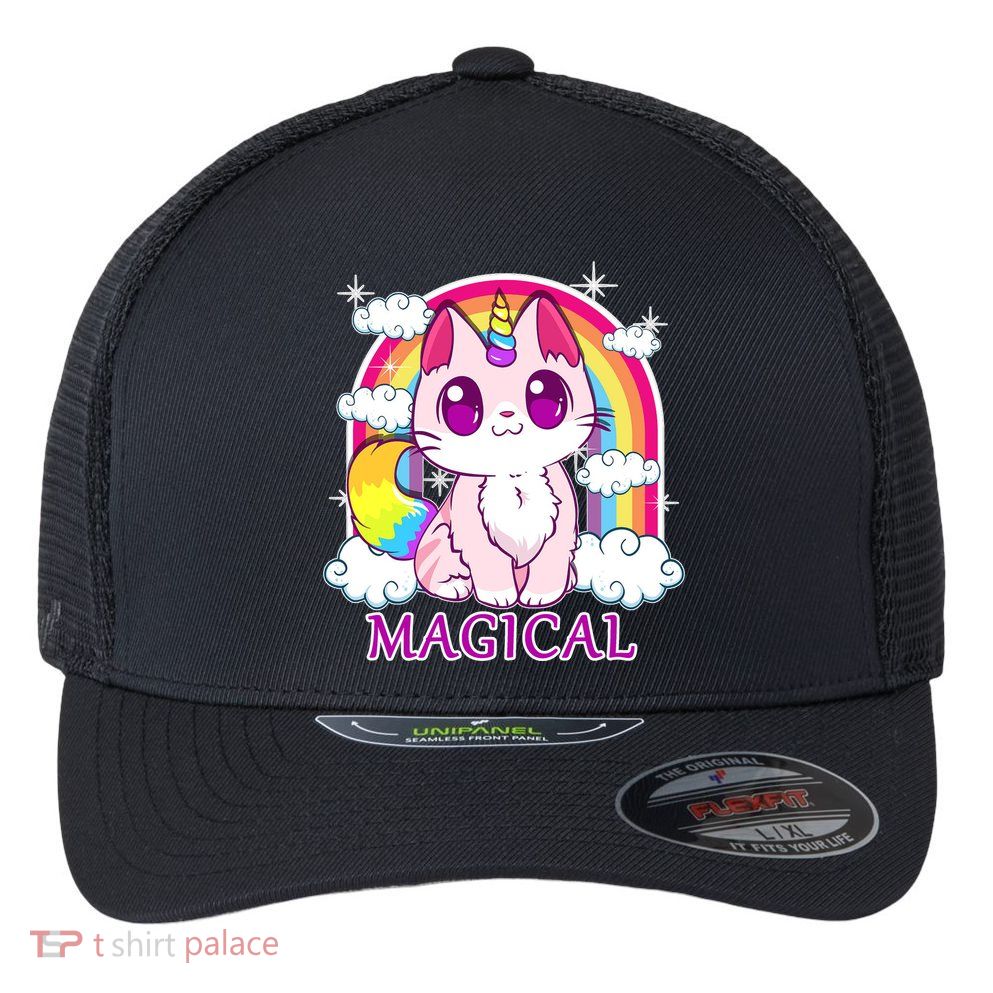 Magical Rainbow Unicorn Kitty Flexfit Unipanel Trucker Cap