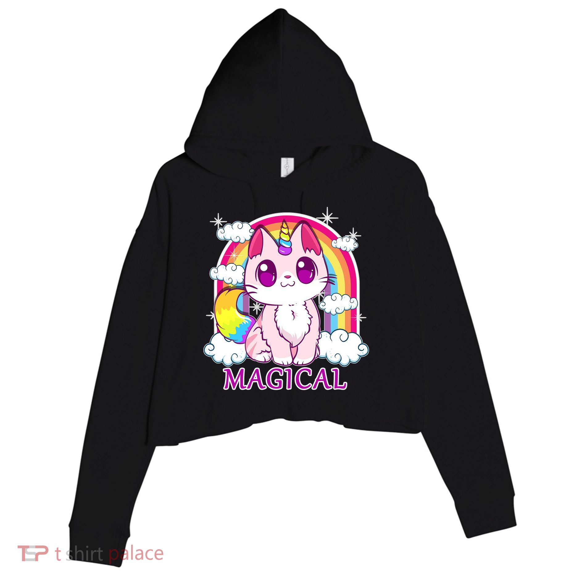 Magical Rainbow Unicorn Kitty Crop Fleece Hoodie