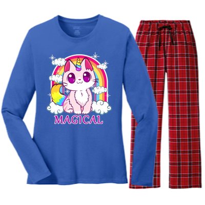 Magical Rainbow Unicorn Kitty Women's Long Sleeve Flannel Pajama Set 