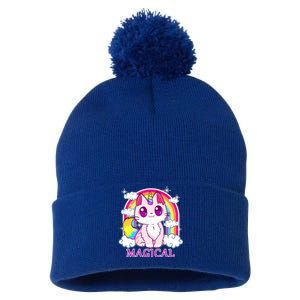 Magical Rainbow Unicorn Kitty Pom Pom 12in Knit Beanie