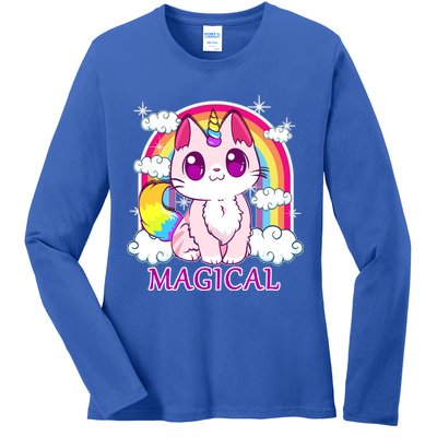 Magical Rainbow Unicorn Kitty Ladies Long Sleeve Shirt