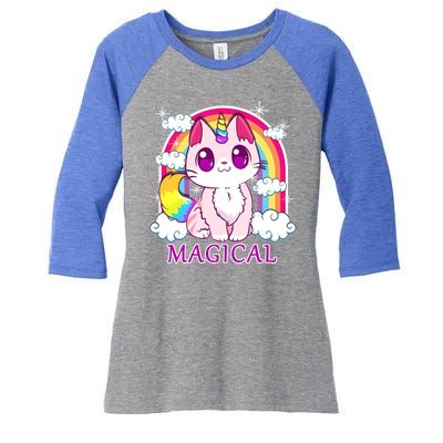 Magical Rainbow Unicorn Kitty Women's Tri-Blend 3/4-Sleeve Raglan Shirt