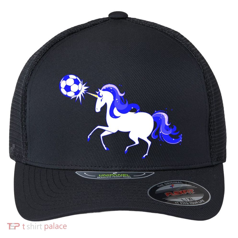 Magical Unicorn Playing Soccer Flexfit Unipanel Trucker Cap