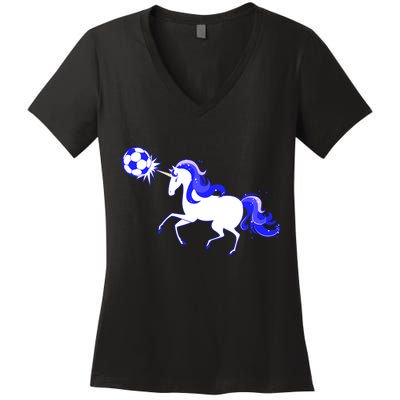 Magical Unicorn Playing Soccer Women's V-Neck T-Shirt