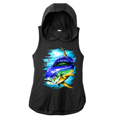 Mahi Mahi Fish Ladies PosiCharge Tri-Blend Wicking Draft Hoodie Tank