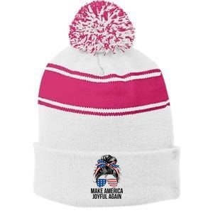 Make America Joyful Again Stripe Pom Pom Beanie