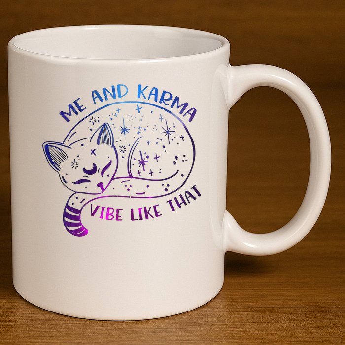 Me And Karma Vibe Like That Karma Is A Cat Purring In My Lap  11oz C Handle Ceramic Mug