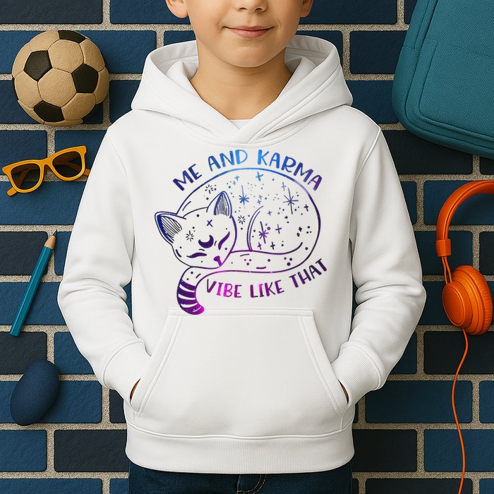 Me And Karma Vibe Like That Karma Is A Cat Purring In My Lap  Kids Hoodie