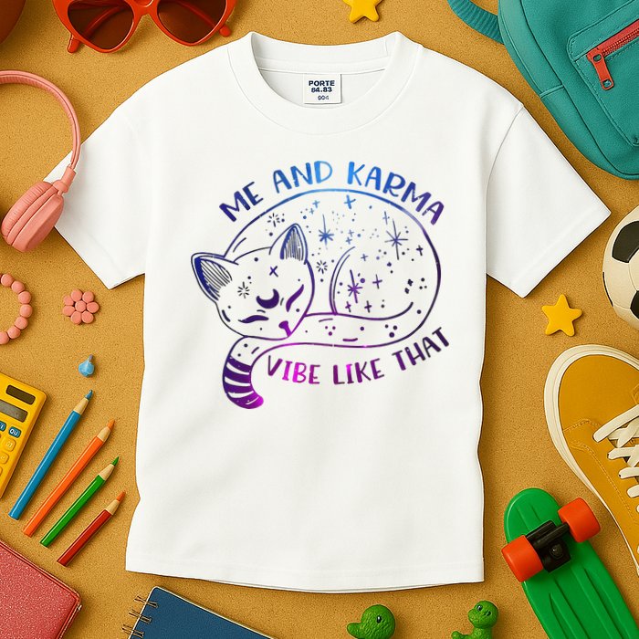 Me And Karma Vibe Like That Karma Is A Cat Purring In My Lap  Kids T-Shirt