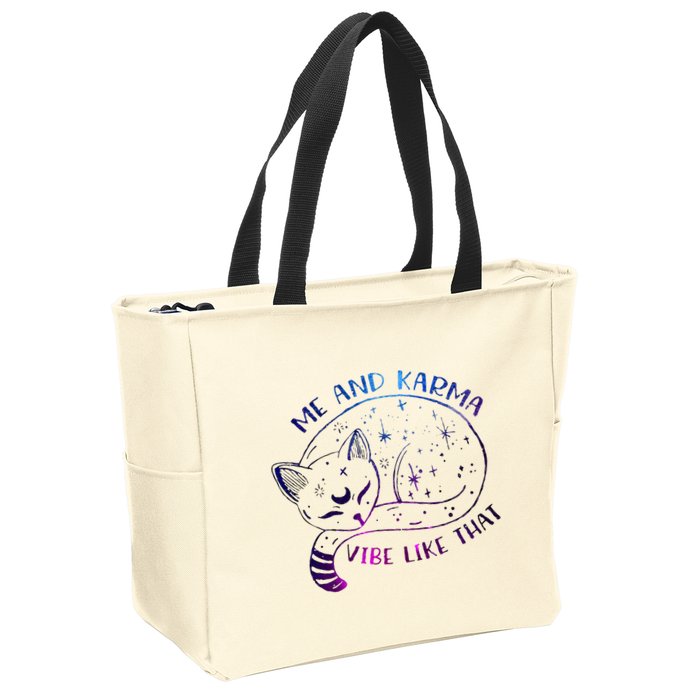me and karma vibe like that karma is a cat purring in my lap Zip Tote Bag