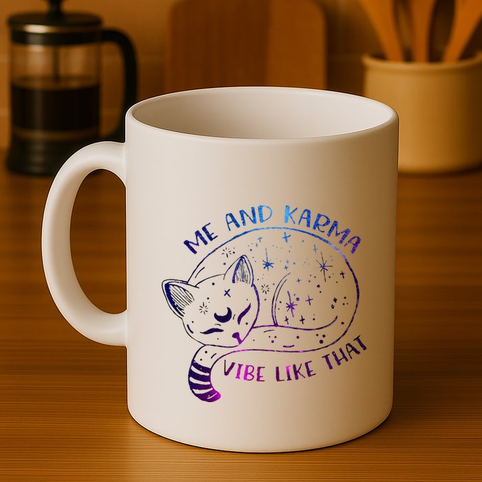 me and karma vibe like that karma is a cat purring in my lap Mug