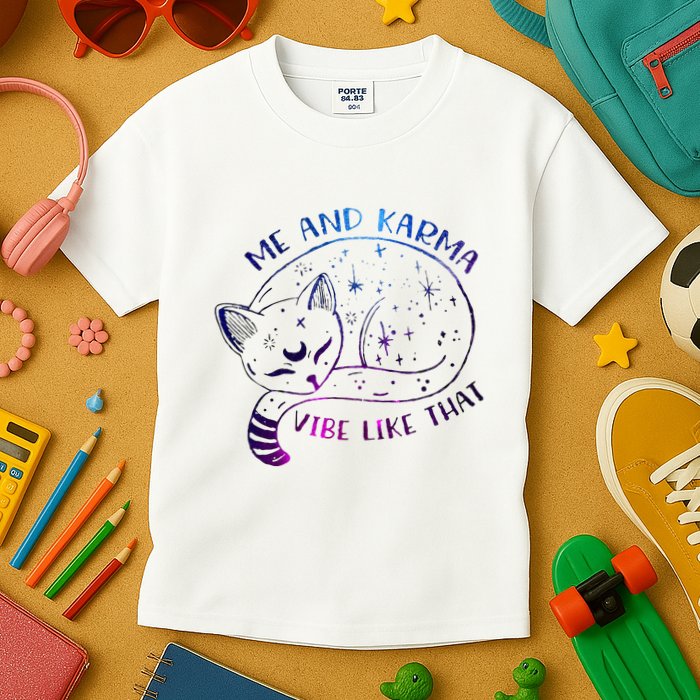 me and karma vibe like that karma is a cat purring in my lap Kids T-Shirt