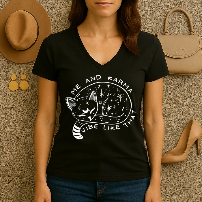 Me An Karma Vibe Like That Funny Lazy Cat Women's V-Neck T-Shirt