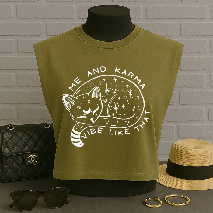 Me An Karma Vibe Like That Funny Lazy Cat Garment-Dyed Women's Muscle Tee