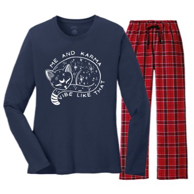 Me An Karma Vibe Like That Funny Lazy Cat Women's Long Sleeve Flannel Pajama Set 