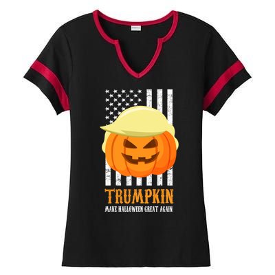 Make Halloween Great Again Trumpkin USA Flag Ladies Halftime Notch Neck Tee