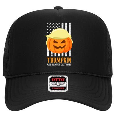 Make Halloween Great Again Trumpkin USA Flag High Crown Mesh Back Trucker Hat