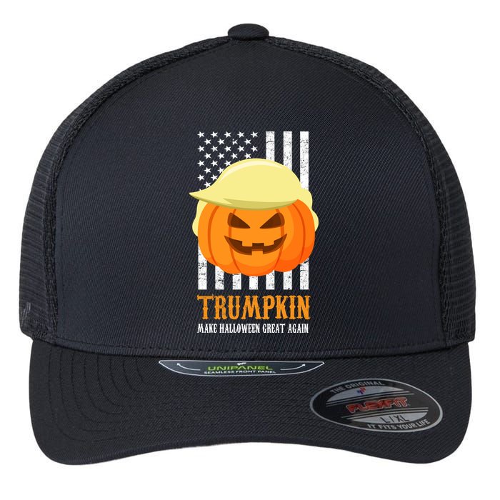 Make Halloween Great Again Trumpkin USA Flag Flexfit Unipanel Trucker Cap