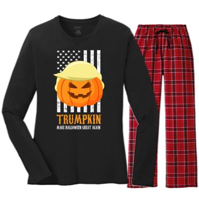 Make Halloween Great Again Trumpkin USA Flag Women's Long Sleeve Flannel Pajama Set 