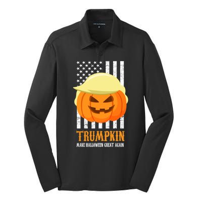 Make Halloween Great Again Trumpkin USA Flag Silk Touch Performance Long Sleeve Polo