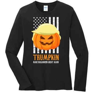 Make Halloween Great Again Trumpkin USA Flag Ladies Long Sleeve Shirt