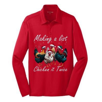 Making A List Chicken It Twice Funny Chicken Santa Hat Xmas Silk Touch Performance Long Sleeve Polo