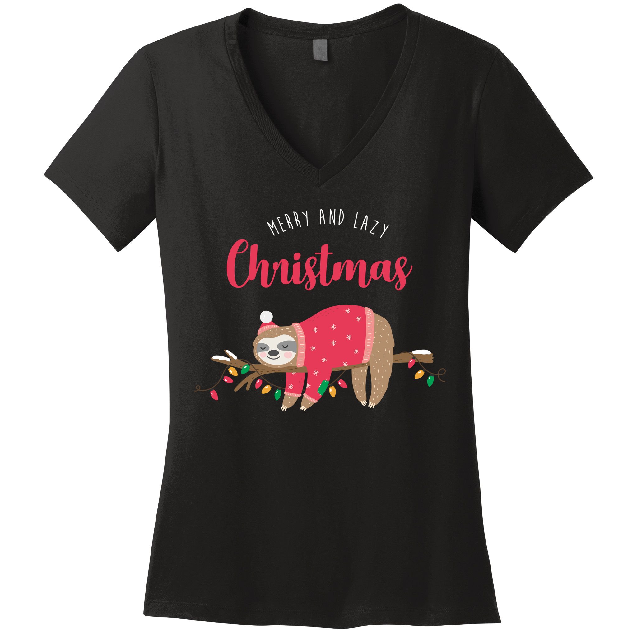 Merry And Lazy Christmas Cute Sloth Women's V-Neck T-Shirt