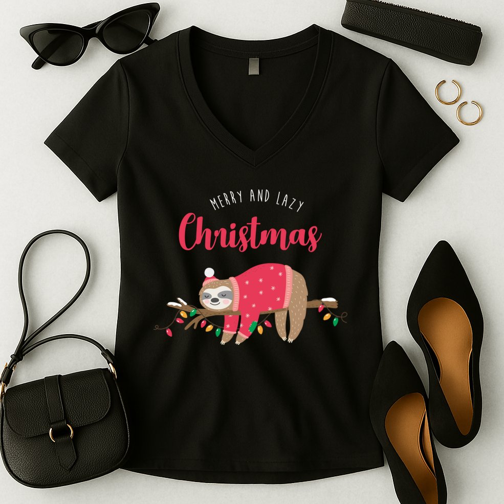 Merry And Lazy Christmas Cute Sloth Women's V-Neck T-Shirt