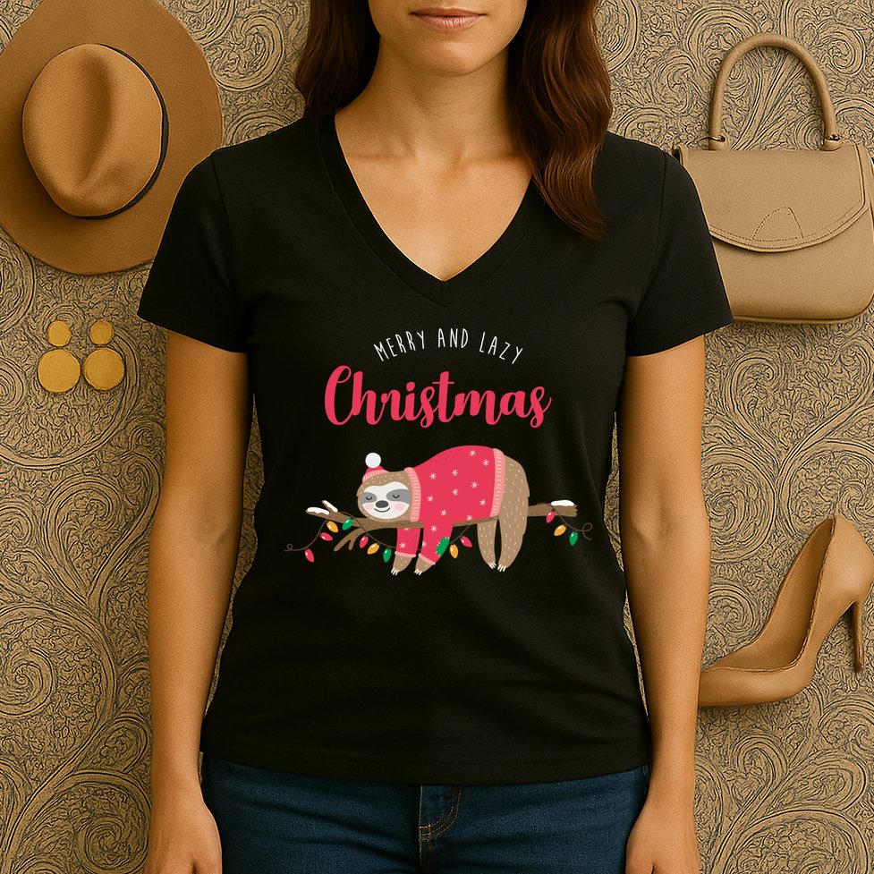 Merry And Lazy Christmas Cute Sloth Women's V-Neck T-Shirt