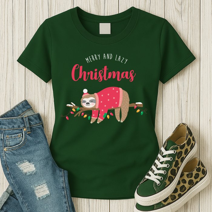 Merry And Lazy Christmas Cute Sloth Womens T-Shirt